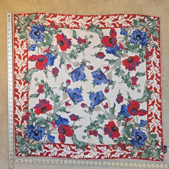 Liberty Silk Scarf Floral Design Hand-Rolled Red, Blue, Green - Picture 4 of 15